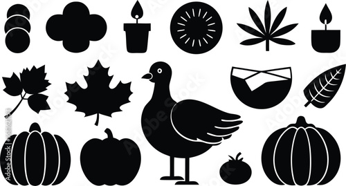 Vector art of assortment of thanksgiving and autumn harvest symbols featuring pumpkins, turkey, leaves, candles, and fruit