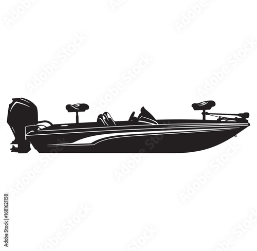 Black and white illustration of a motorized bass fishing boat isolated on white background