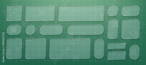 Collection of blank liquid glass morphism frames and buttons. Modern design elements for UI UX interface. Light green grid background.