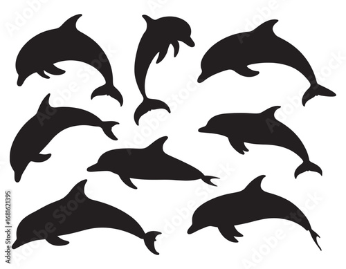 A versatile collection of nine dynamic dolphin silhouettes, perfect for logo design and graphic projects