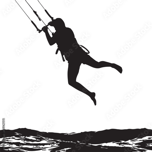 Black silhouette of a kitesurfer jumping over choppy water against a white background kitesurfing kiteboarding