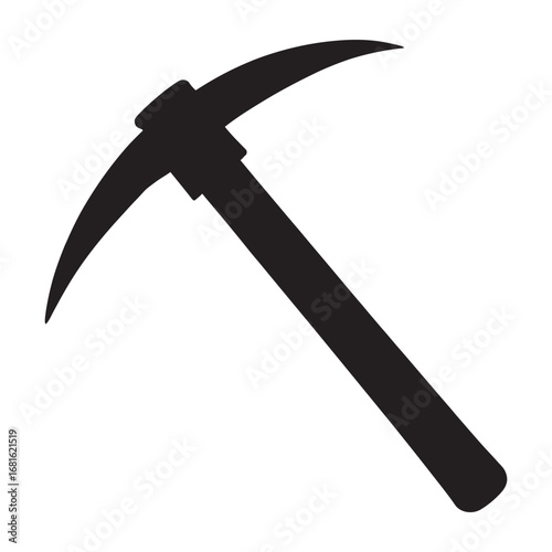 Pickaxe icon vector graphic. A simple black silhouette of a digging and mining tool used in construction and geology, isolated on a white background