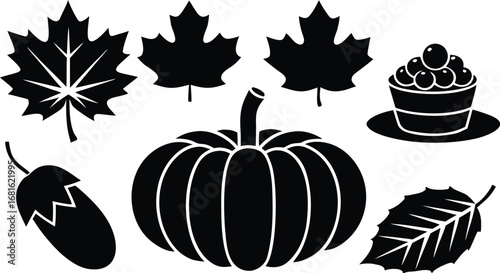 Vector art of selection of black silhouette icons for autumn and thanksgiving, including maple leaves, a pumpkin, an eggplant, and a berry dish