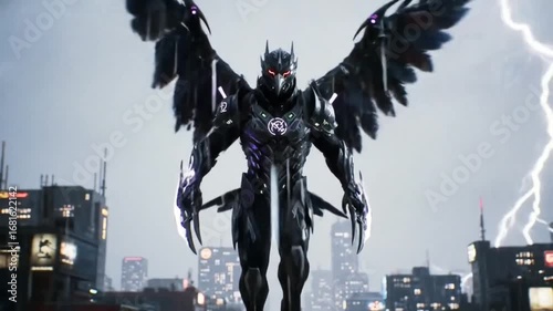Cyberpunk Raven Mercenary Hovering Above Stormy City