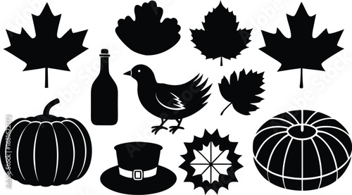 Vector art of assortment of black silhouette icons for autumn and thanksgiving, featuring maple leaves, pumpkin, bottle, turkey, and pilgrim hat