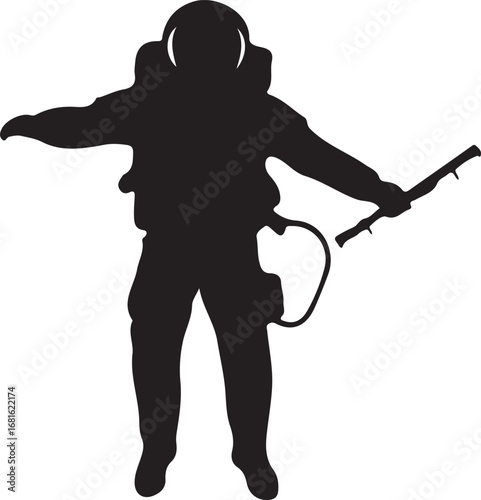 Black silhouette of a person in a diving suit holding a spear gun scuba gear underwater