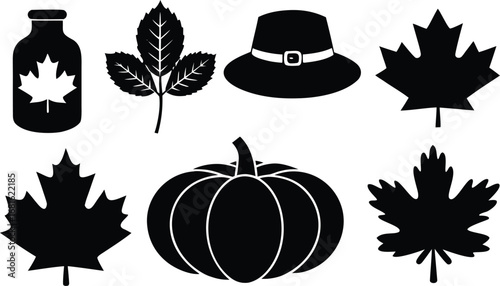 Vector art of collection of black silhouette autumn symbols including maple leaves, a pilgrim hat, a jar with a maple leaf, and a pumpkin