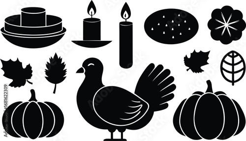 Vector art of thanksgiving holiday icons including turkey, pumpkins, candles, and autumn leaves
