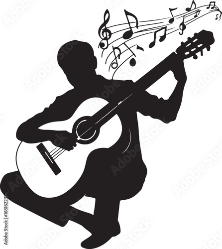 Black silhouette of a person playing an acoustic guitar with musical notes musician playing guitar