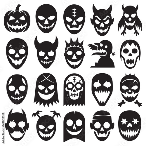 Collection of spooky halloween masks and faces featuring pumpkins skulls demons and monsters for scary holiday decorations