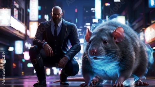 Bald Bearded Man and Giant Rat with Blue Magic
