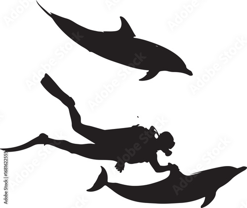 Black silhouette of a scuba diver swimming with two dolphins diving marine life