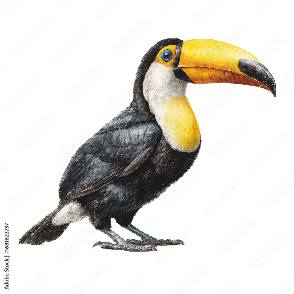 Fototapeta premium Colorful Toucan Bird with Large Yellow Beak Standing on White Background