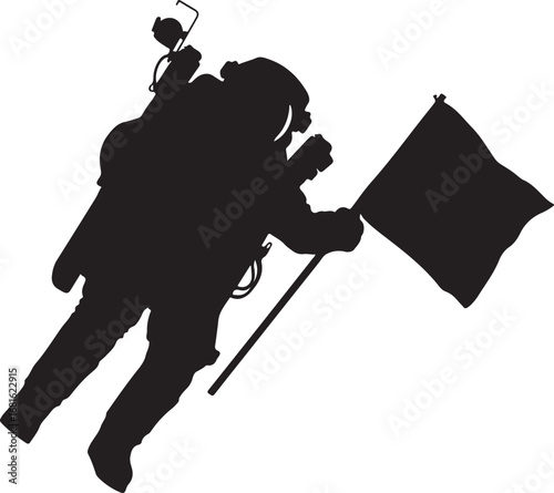Black silhouette of an astronaut holding a flag space black and white