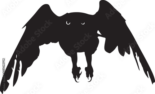 Black silhouette of an owl with wide open wings and sharp talons descending white