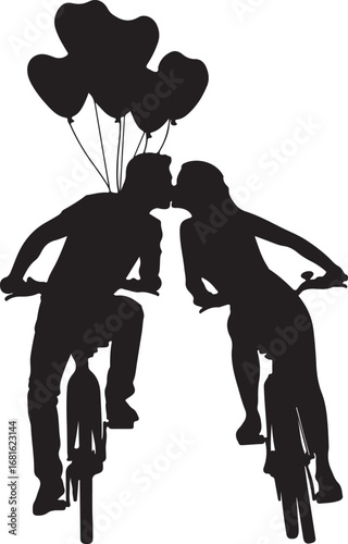Couple kissing on bicycles with heart shaped balloons overhead black silhouette love romance