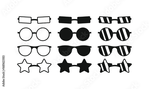 A collection of black-and-white vector sunglasses icons. This pack features various styles, including rectangular, round, classic, and novelty star-shaped frames, ideal for fashion and party-themed