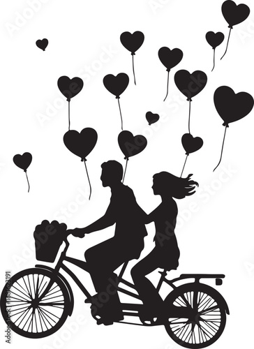 Couple riding tandem bicycle with heart shaped balloons floating above heart balloons