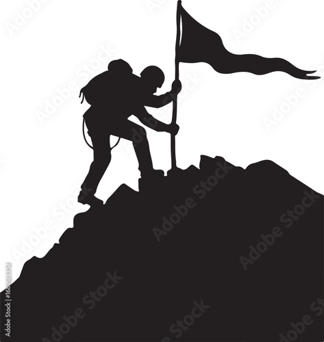 Silhouette of a climber planting a flag on a mountain peak vector