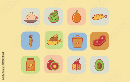  Stylized food illustrations in minimalist outline format, showcasing diverse ingredients from fruits to proteins