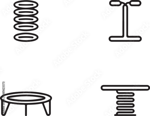 Spring Bounce Outline Icons Set Coil Spring, Pogo Stick, Trampoline, Shock Absorber, and Springboard Vector Collection