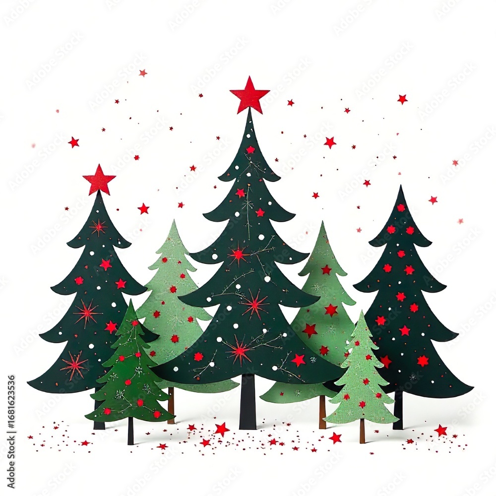 Fototapeta premium Black Christmas Trees Vector, Green and Red Details, White Background, Festive Minimalist Illustration