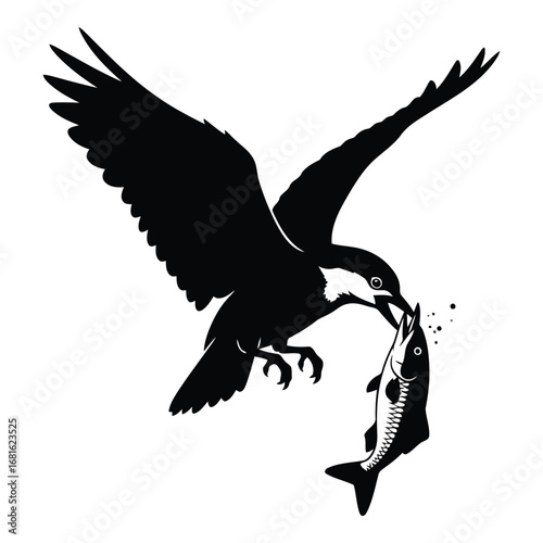 Majestic eagle in flight grasping freshly caught fish talons dramatic wildlife scene silhouette