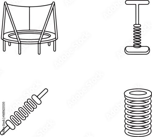 Mechanical Spring and Bounce Icons Pack Trampoline, Pogo Stick, Suspension Spring, Shock Absorber, and Coil Outline Vector