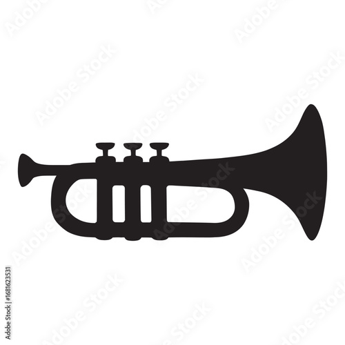 Silhouette of a trumpet, a brass musical instrument with valves and a bell, perfect for music education or performance themes