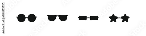A set of four unique black vector silhouettes of glasses. The collection includes retro, novelty, and futuristic designs, perfect for creative fashion, party, or costume-related themes