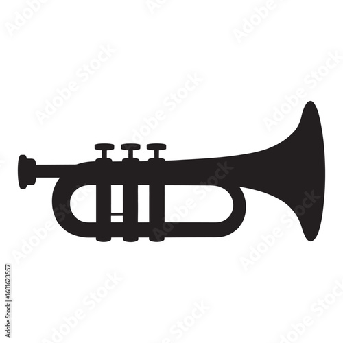 Silhouette of a Trumpet with Three Valves, a Classic Brass Musical Instrument with a Bell and Mouthpiece, Isolated on a White Background