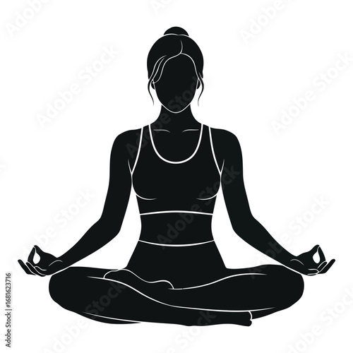 Serene silhouette of a woman meditating in lotus pose promoting health and wellness silhouette