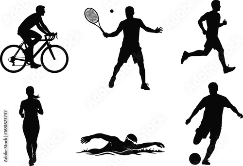 PrintSilhouette vector icons of cycling, tennis, running, swimming, soccer, fitness, sports activity, healthy lifestyle, exercise, athlete motion, outdoor recreation, black figures