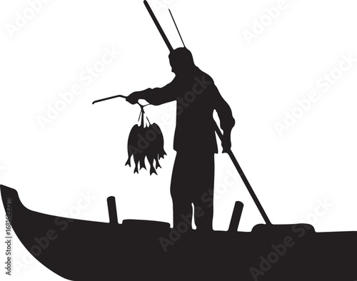 Silhouette of fisherman with caught fish in a boat with pole fishing