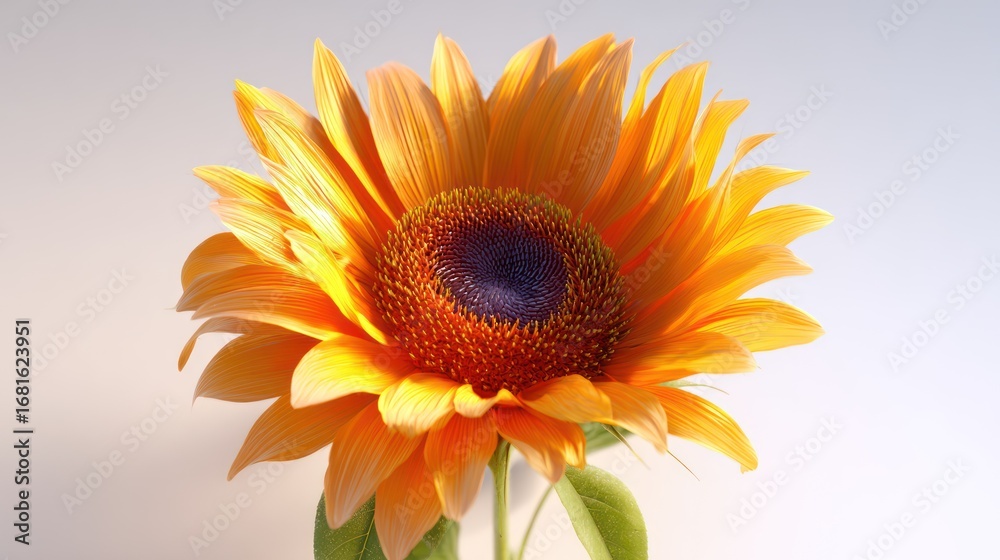 Fototapeta premium Sunflower, glowing orange petals, dark center, bright light, and delicate leaves