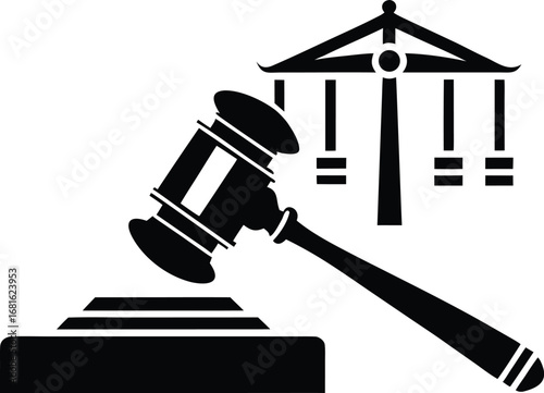 Judge gavel silhouette, law hammer icon, justice tool vector, legal symbol drawing, courtroom illustration