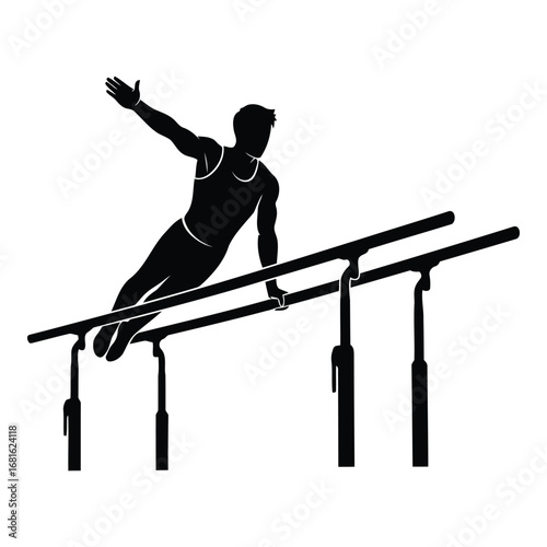 Silhouette of male gymnast performing a dynamic routine on parallel bars silhouette