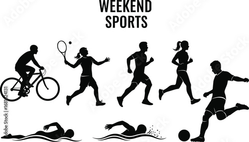 PrintWeekend sports silhouette vector, cycling, tennis, running, swimming, soccer, fitness activity, athlete motion, outdoor exercise, healthy lifestyle, black icons, recreation