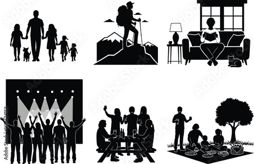 PrintWeekend vector illustrations of family walk, mountain hiking, reading at home, attending concert, friends gathering at table, picnic with kids, outdoor leisure.