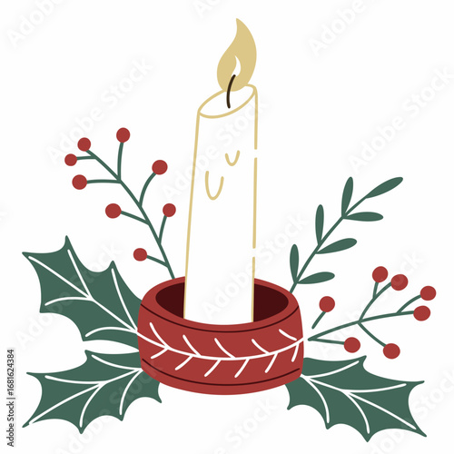 Christmas candle with holly berries leaves festive decoration berry leaf