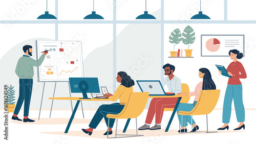 Diverse business team collaborating in a modern office, engaged in a presentation and discussion. Ideal for concepts of teamwork, strategy, and corporate training.