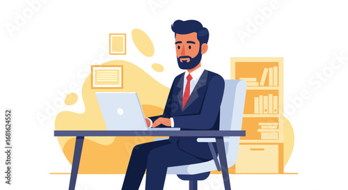 Professional businessman working diligently on a laptop in a modern office setting, representing productivity, remote work, and corporate success.