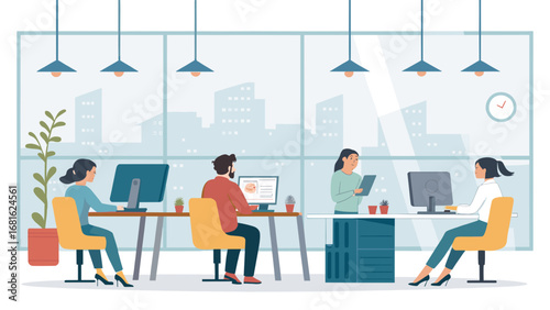 Diverse team of professionals working diligently in a bright, modern open-plan office with city views, emphasizing collaboration and productivity.