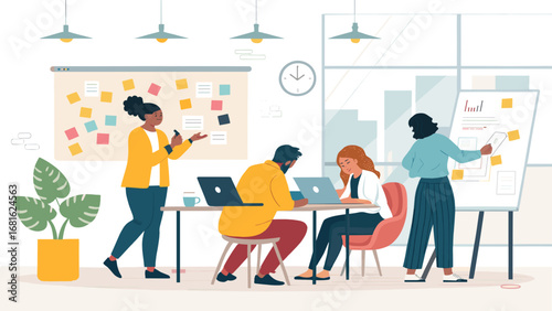 Diverse team collaborates on a project in a modern office, utilizing whiteboards and laptops to brainstorm ideas and achieve business goals.