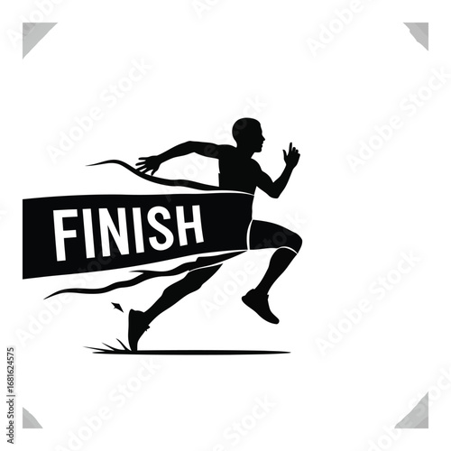 Determined runner silhouetted breaking through finish line ribbon achievement competition success silhouette