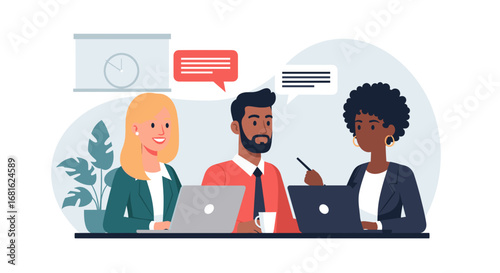 Professional diverse team collaborating on laptops, discussing business strategies in a modern office. Ideal for concepts of teamwork, communication, and innovation.