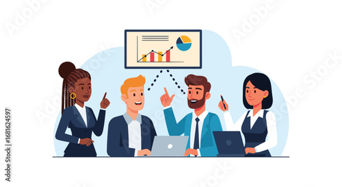 Diverse business team discusses market growth and strategy in a collaborative meeting, utilizing data visualizations for planning and success.
