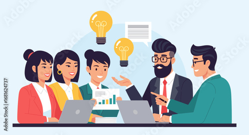 Diverse business team collaborating in a meeting, brainstorming new ideas for growth and innovation. Focus on teamwork, communication, and creative solutions for corporate success.