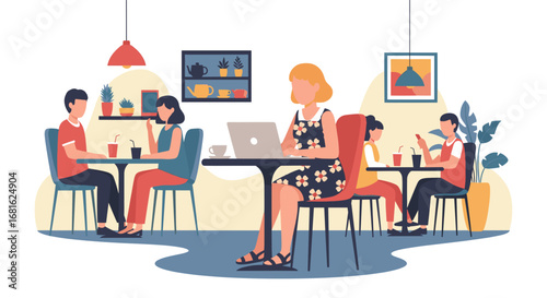 People engaged in work and leisure at a vibrant cafe or co-working space, perfect for modern lifestyle, freelance, and social themes.