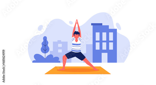 Man performing yoga warrior pose outdoors in an urban park, symbolizing health, balance, and mindful city living.